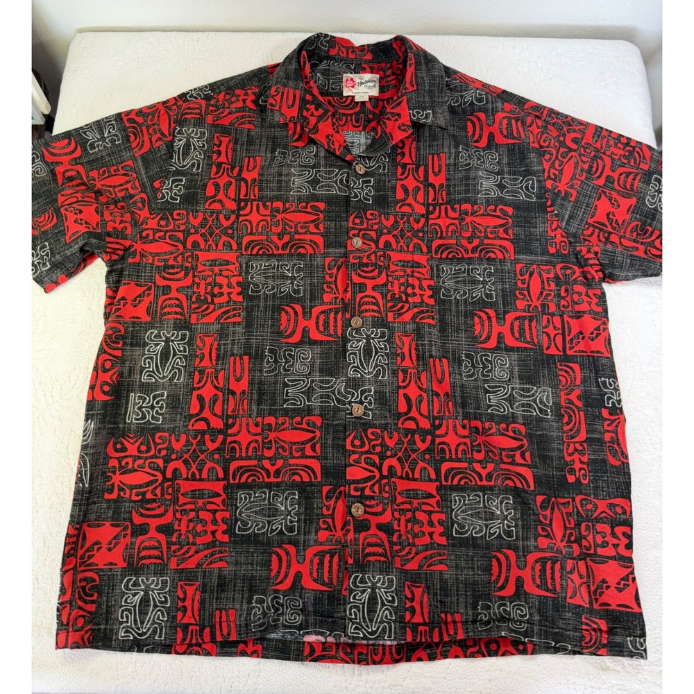 Hilo Hattie Hawaiian Original Shirt 2XL Red Black Tiki Tribal Made in Hawaii